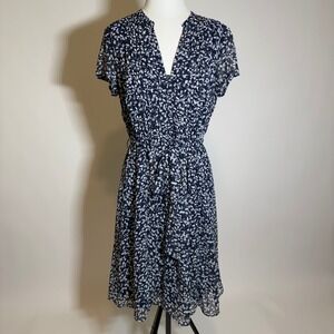 MSK Navy Blue White Floral Leaf Short Sleeve Fit & Flare Dress Size 14 Chiffon